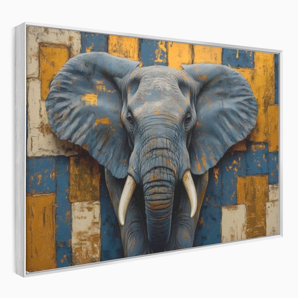 Tablou canvas cu tablou canvas cu cap de elefant, in rama de aluminiu argintiu